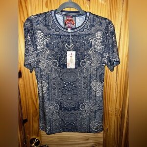 JOHNNY WAS Janie Favorite Printed Denim Blue Short Sleeve Tee Shirt Top Medium
